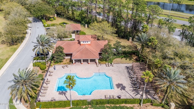 view of pool featuring a gazebo and a water view