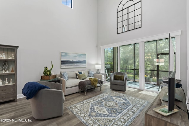 living area with a high ceiling and wood finished floors