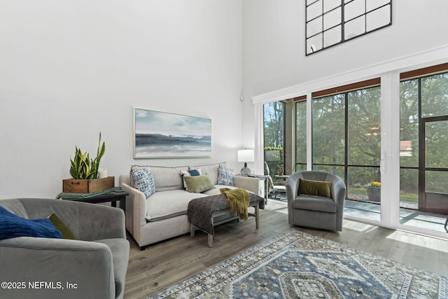 living room featuring a towering ceiling and wood finished floors