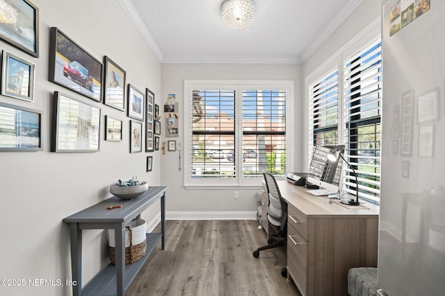 office space featuring crown molding, baseboards, dark wood-type flooring, and a textured ceiling