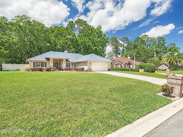 view of front of house featuring an attached garage, fence, driveway, a front lawn, and a chimney