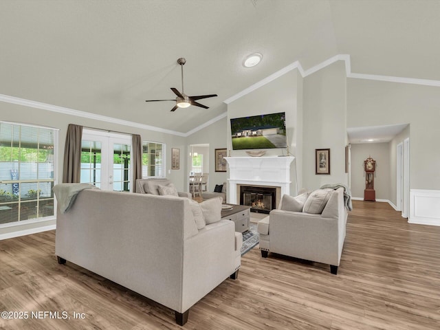 living room featuring a healthy amount of sunlight, a glass covered fireplace, crown molding, and french doors