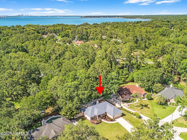 aerial view with a water view and a wooded view