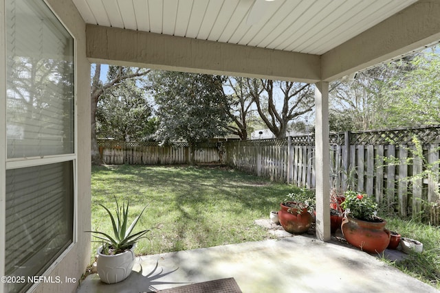 view of yard featuring a patio and a fenced backyard