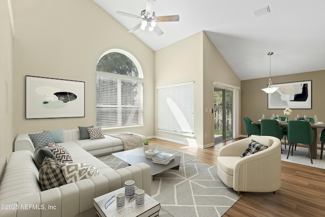 living area with visible vents, high vaulted ceiling, wood finished floors, and a wealth of natural light