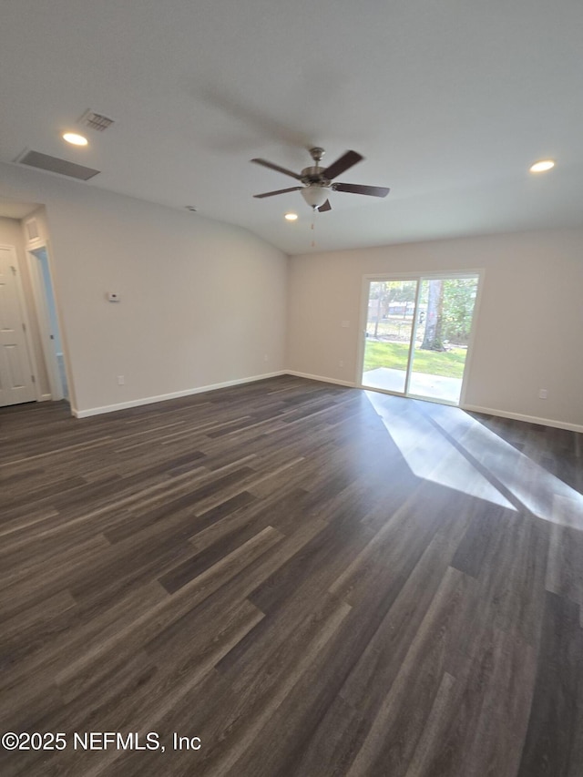 unfurnished room featuring visible vents, baseboards, a ceiling fan, dark wood-style flooring, and recessed lighting