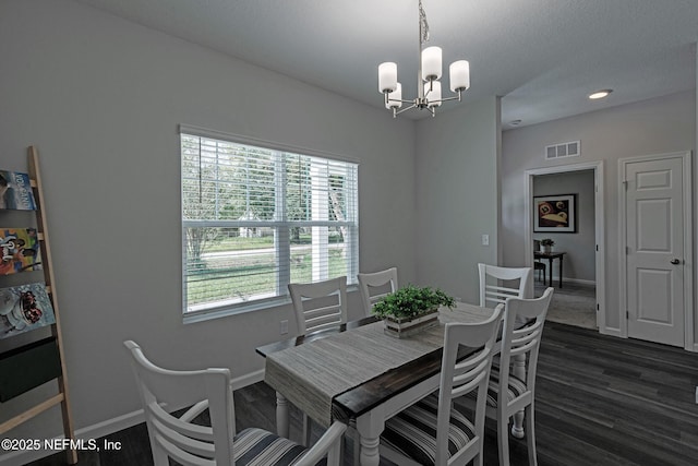 dining room with baseboards, visible vents, and dark wood-style flooring