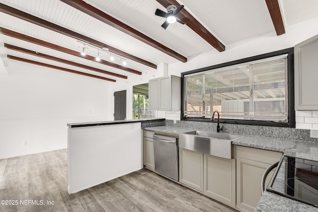 kitchen featuring light wood-type flooring, stainless steel dishwasher, stove, and a sink