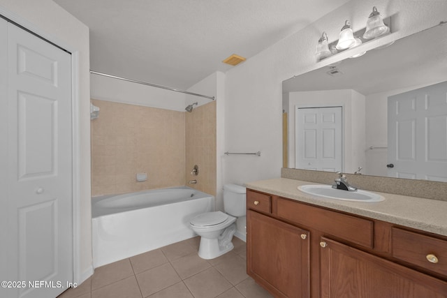 full bathroom featuring visible vents, bathing tub / shower combination, toilet, tile patterned flooring, and vanity