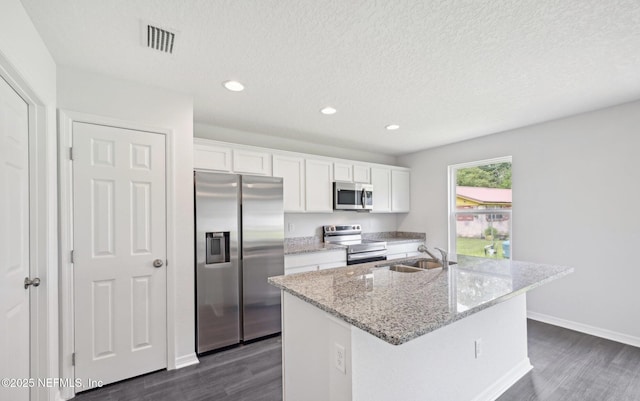 kitchen featuring stainless steel appliances, a sink, visible vents, white cabinetry, and dark wood finished floors