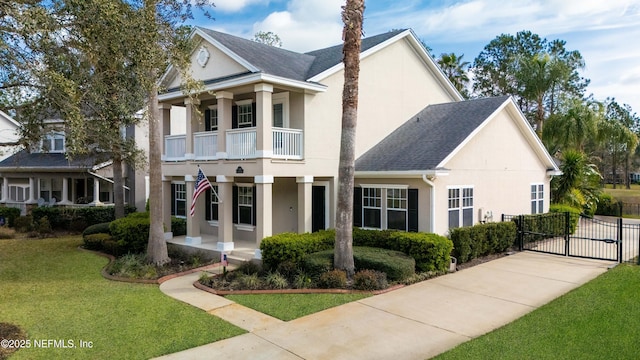 greek revival inspired property featuring a balcony, a shingled roof, a gate, stucco siding, and a front lawn