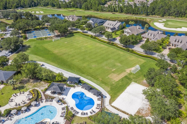 aerial view with a water view and golf course view