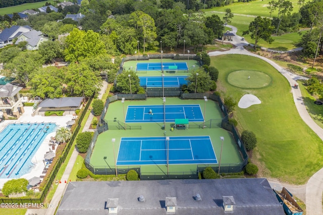 drone / aerial view with view of golf course