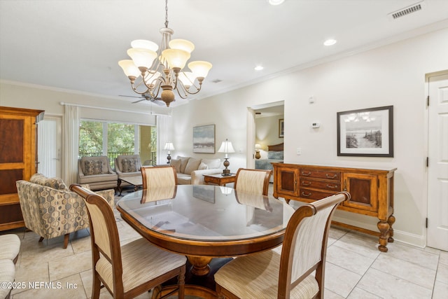 dining room featuring a chandelier, visible vents, crown molding, and light tile patterned flooring