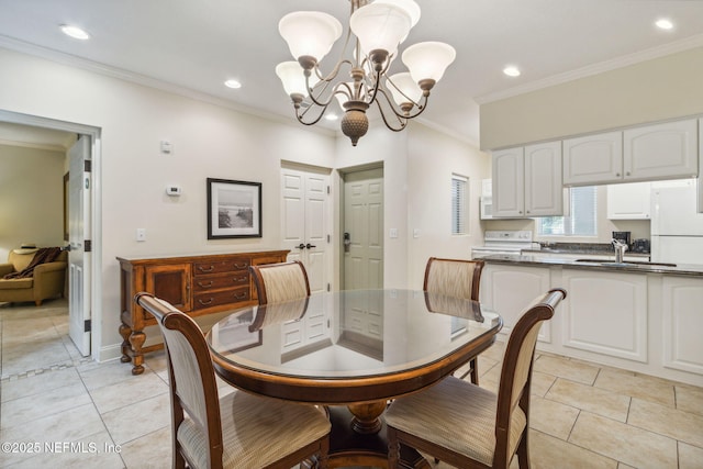 dining room featuring light tile patterned floors, ornamental molding, a notable chandelier, and recessed lighting