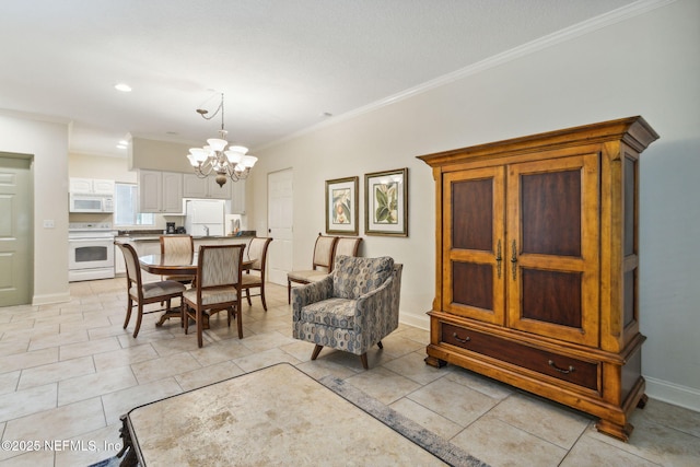 dining room featuring baseboards, light tile patterned floors, a chandelier, and crown molding