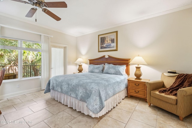 bedroom with light tile patterned floors, baseboards, a ceiling fan, and crown molding