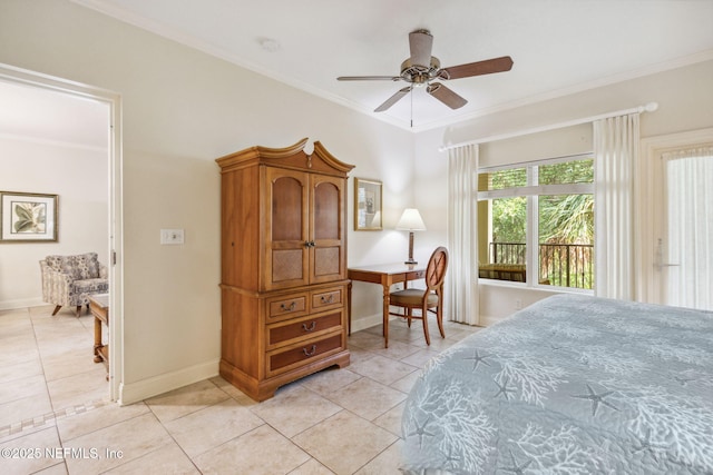 bedroom featuring baseboards, crown molding, and light tile patterned flooring