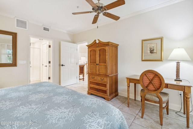 bedroom featuring light tile patterned floors, baseboards, visible vents, and ornamental molding