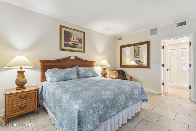 bedroom with visible vents, crown molding, and baseboards