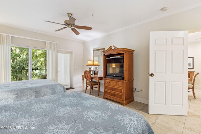 bedroom featuring ornamental molding, light tile patterned flooring, a ceiling fan, and baseboards