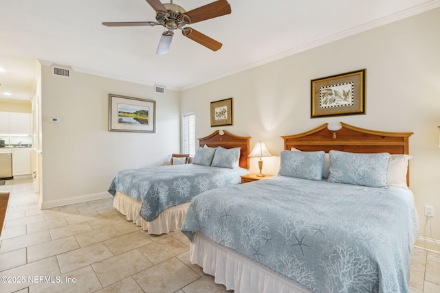 bedroom featuring visible vents, crown molding, and baseboards