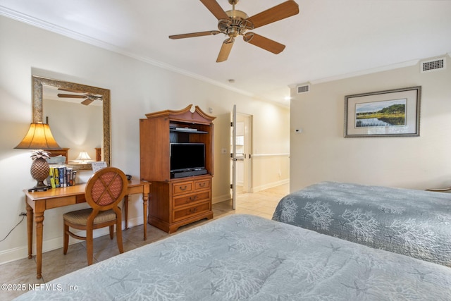 tiled bedroom featuring ceiling fan, ornamental molding, visible vents, and baseboards