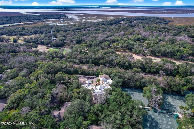 birds eye view of property featuring a wooded view