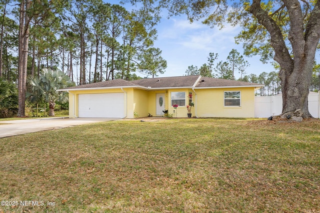 single story home with an attached garage, fence, driveway, stucco siding, and a front yard