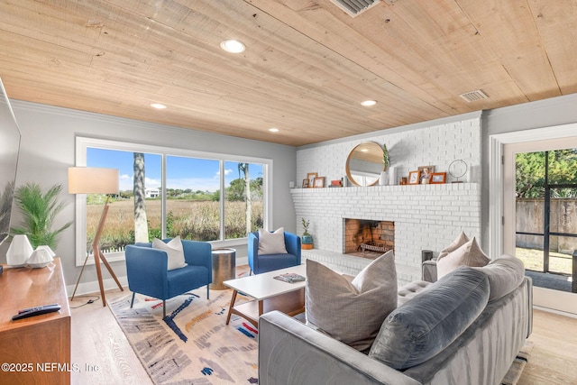 living area with visible vents, wood finished floors, and wood ceiling