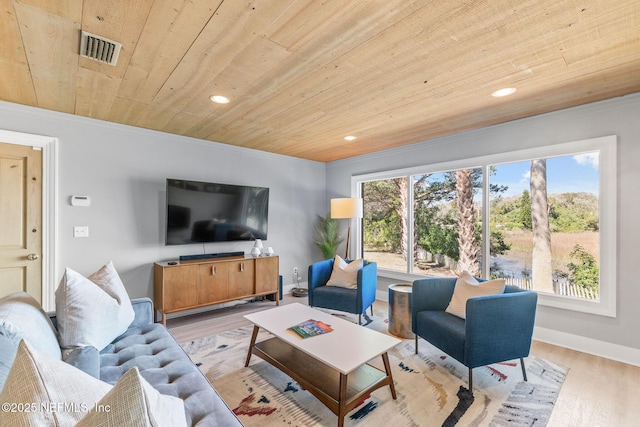 living area with visible vents, light wood-type flooring, and wood ceiling