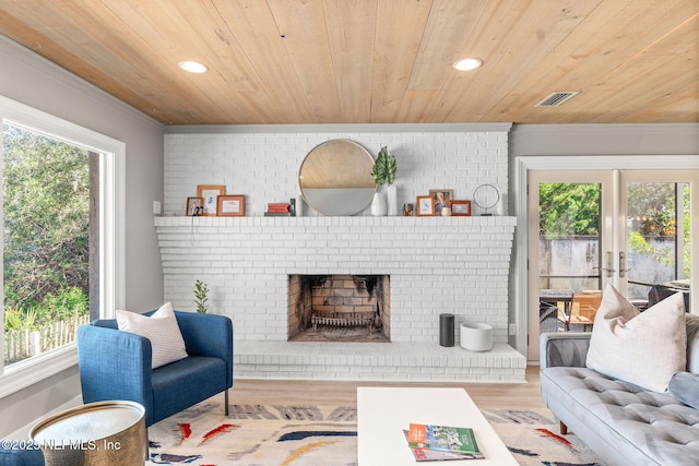 living area featuring plenty of natural light, wooden ceiling, and a fireplace