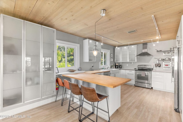 kitchen with visible vents, light wood-style flooring, wood counters, stainless steel appliances, and wall chimney range hood