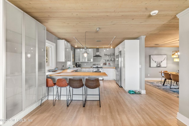 kitchen with stainless steel appliances, white cabinets, light wood-type flooring, a peninsula, and wall chimney exhaust hood