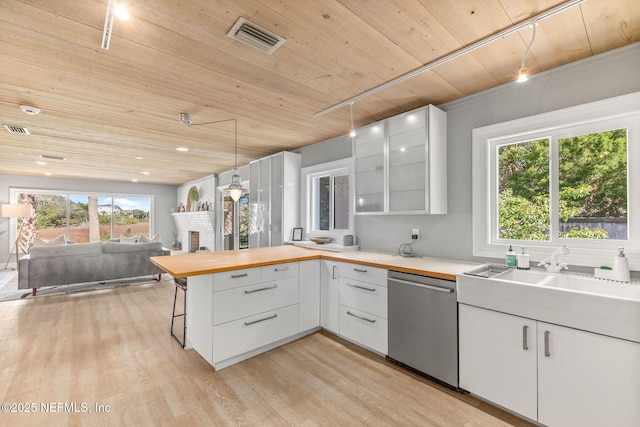 kitchen featuring a sink, visible vents, light wood-style floors, open floor plan, and stainless steel dishwasher