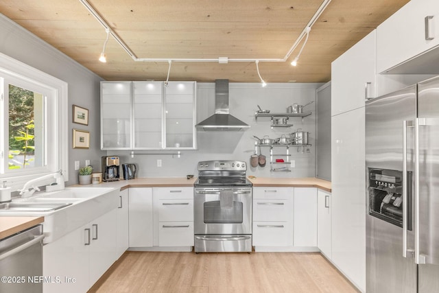 kitchen with wall chimney exhaust hood, appliances with stainless steel finishes, a sink, and white cabinetry