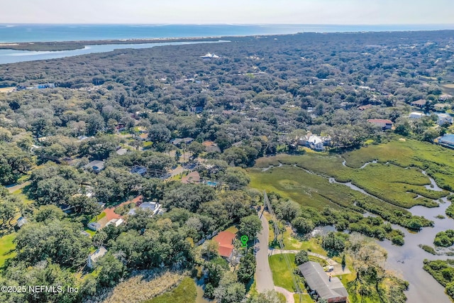 bird's eye view with a forest view and a water view