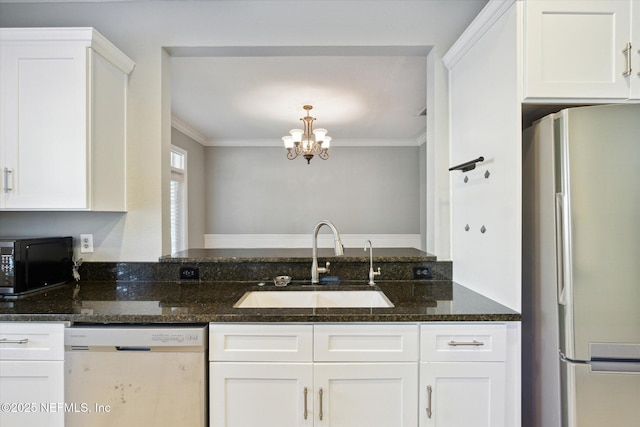 kitchen with white cabinets, dishwasher, freestanding refrigerator, black microwave, and a sink