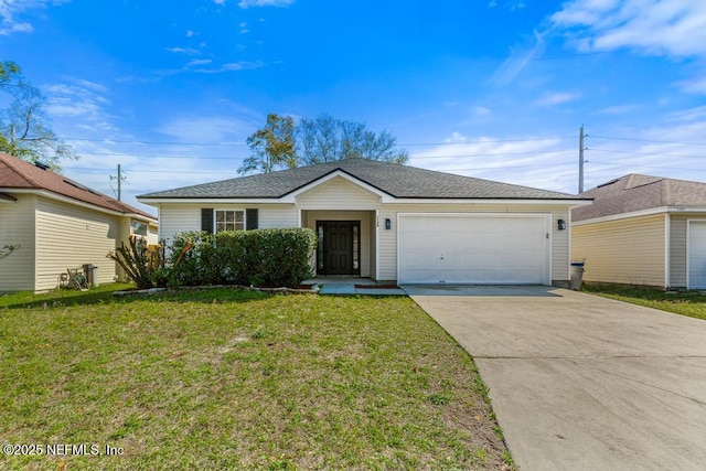 ranch-style home with driveway, a shingled roof, an attached garage, and a front yard