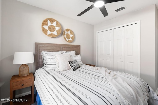 bedroom featuring a closet, visible vents, and a ceiling fan