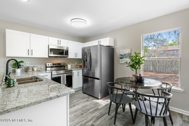 kitchen featuring light wood finished floors, white cabinets, light stone counters, stainless steel appliances, and a sink