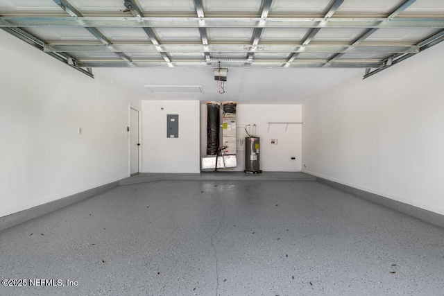 garage featuring electric panel, baseboards, a garage door opener, heating unit, and water heater