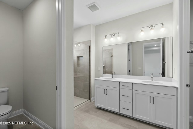 bathroom featuring visible vents, a stall shower, toilet, and a sink