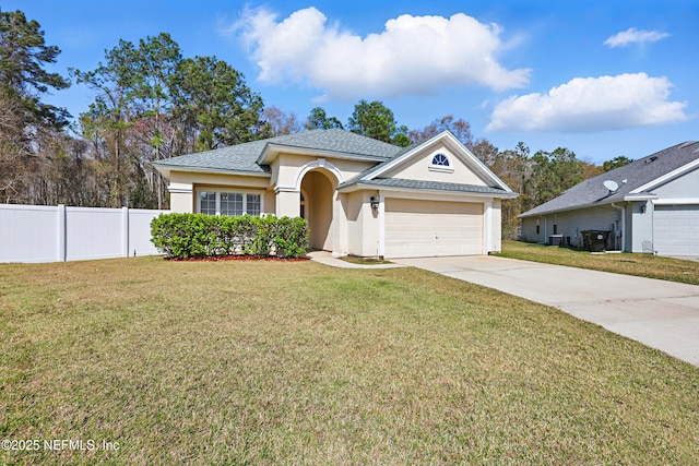 single story home featuring stucco siding, concrete driveway, a front yard, fence, and a garage