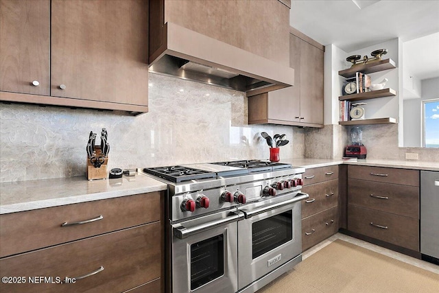 kitchen with light countertops, custom exhaust hood, and double oven range