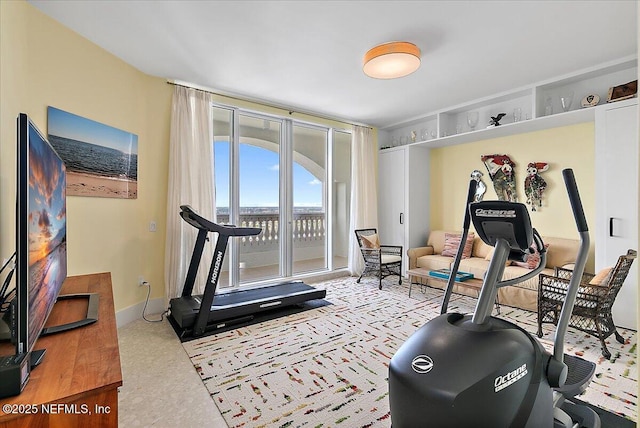 exercise room featuring carpet and baseboards