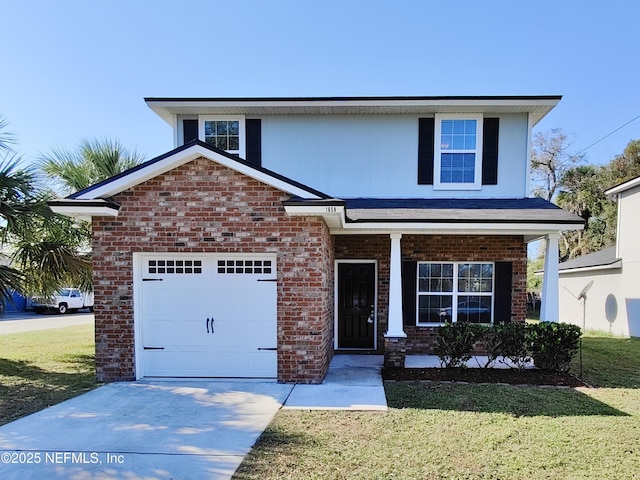 traditional home featuring concrete driveway, brick siding, a front lawn, and covered porch