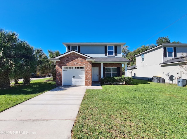 view of front of house featuring a garage, driveway, a front yard, and brick siding