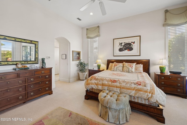 236 Deer Haven Dr, Ponte Vedra Beach, FL 32082 - bedroom featuring arched walkways, light colored carpet, ceiling fan, and baseboards