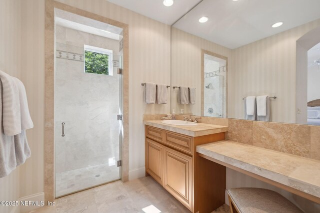 236 Deer Haven Dr, Ponte Vedra Beach, FL 32082 - bathroom featuring a shower stall, vanity, baseboards, and recessed lighting